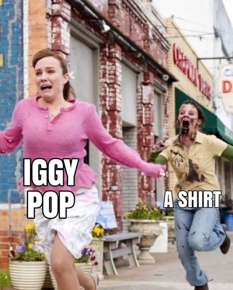 A imagem de uma zumbi correndo atrás de uma mulher que está fugindo e com semblante desesperado. Em cima da imagem da zumbi está escrito “A SHIRT” e da mulher está escrito “IGGY POP”