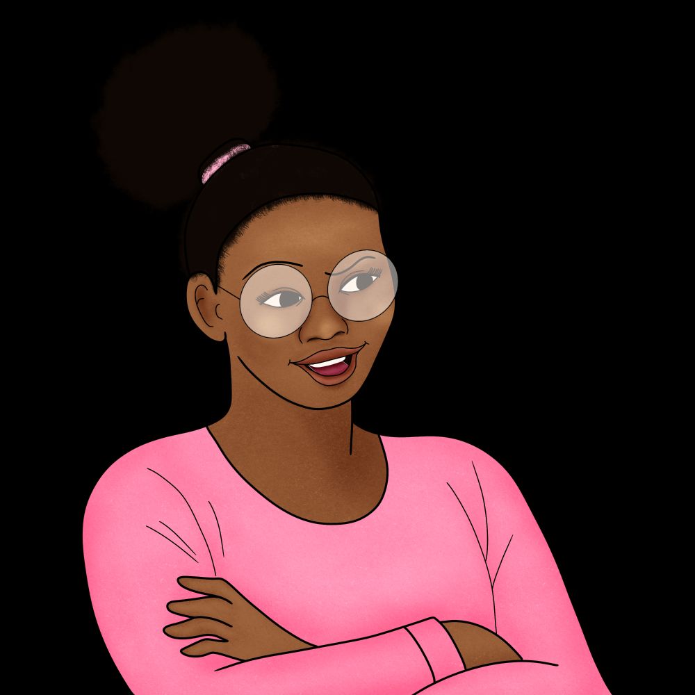 Cartoon image of a black woman wearing glasses, a pink shirt, and an afro puff tied with pink elastic. Her arms are folded and she's looking to the side with a smirk. 