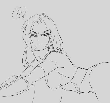 A digital sketch of Kiyo, an OC, leaning forward and looking annoyed.