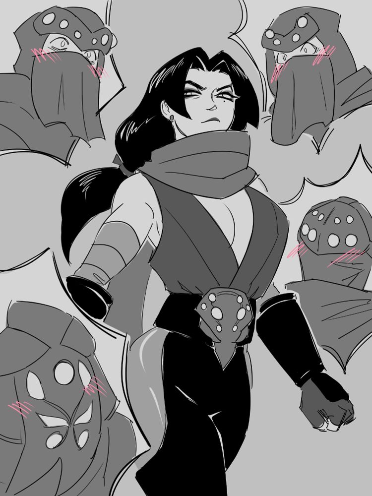A digital sketch of Kiyo walking with a serious expression. Other clan members watch her.