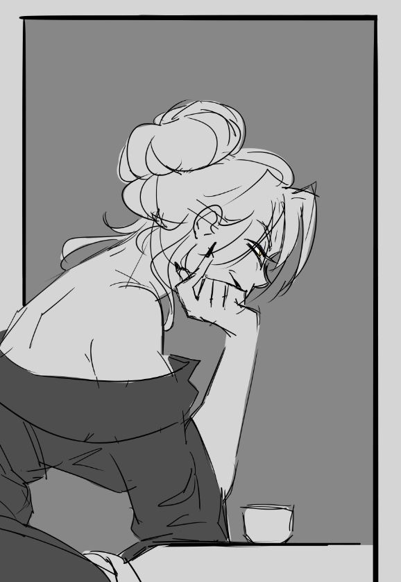 Kiyo leans forward on the table and rests her chin in her hand. She smiles mysteriously to someone off-screen, her intentions unknown.