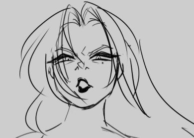 A digital sketch of Kiyo with her eyes narrowed and lips curled in a haughty snarl.