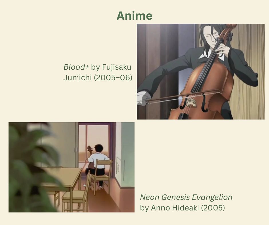 [This slide contains still images of characters from Blood+ and Neon Genesis Evangelion playing Bach’s Cello Suites.]