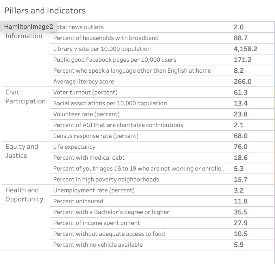 The 20 different indicators that were measured for every county in the US.