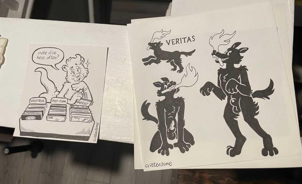 two pieces of art by critterdome featuring my sona sensually crate digging and the Torch-Wielding Veritas Hound from New Order’s Ceremony