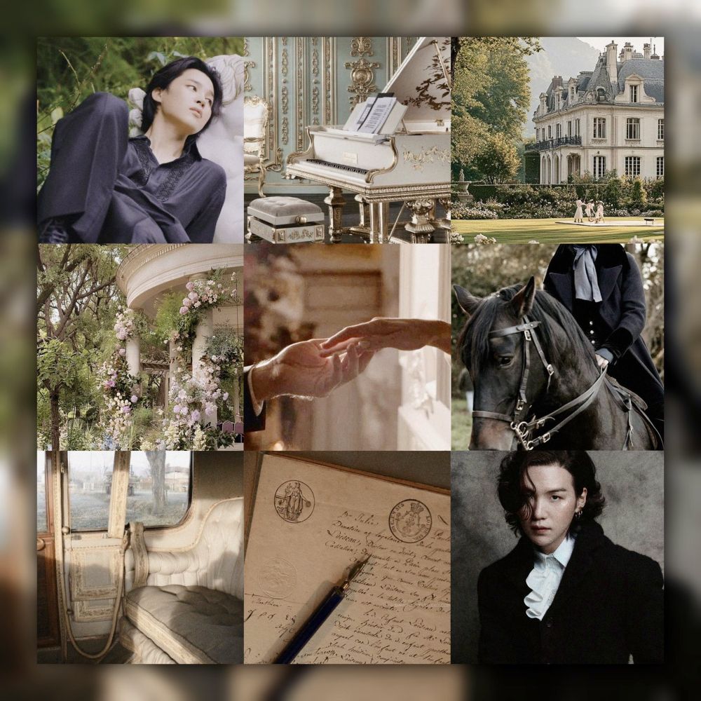 A Yoongi and Jimin regency-era inspired mood board with ornate architecture, a man on a horse, a carriage, flowers around pillars, a piano, and a couple holding hands.
