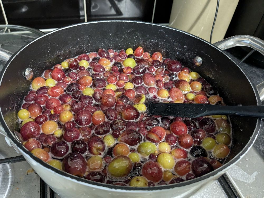 Green and red grapes floating in a pan of melted sugar. 