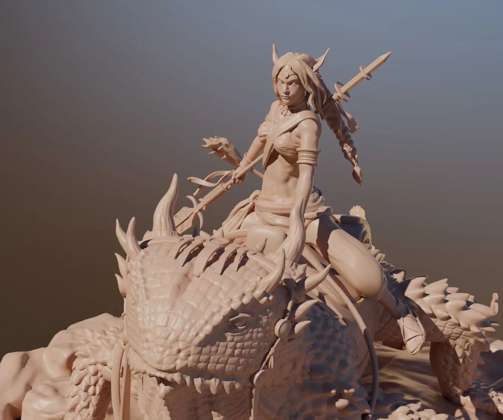 A close up of a 3d sculpture of Seelys riding a giant horned lizard