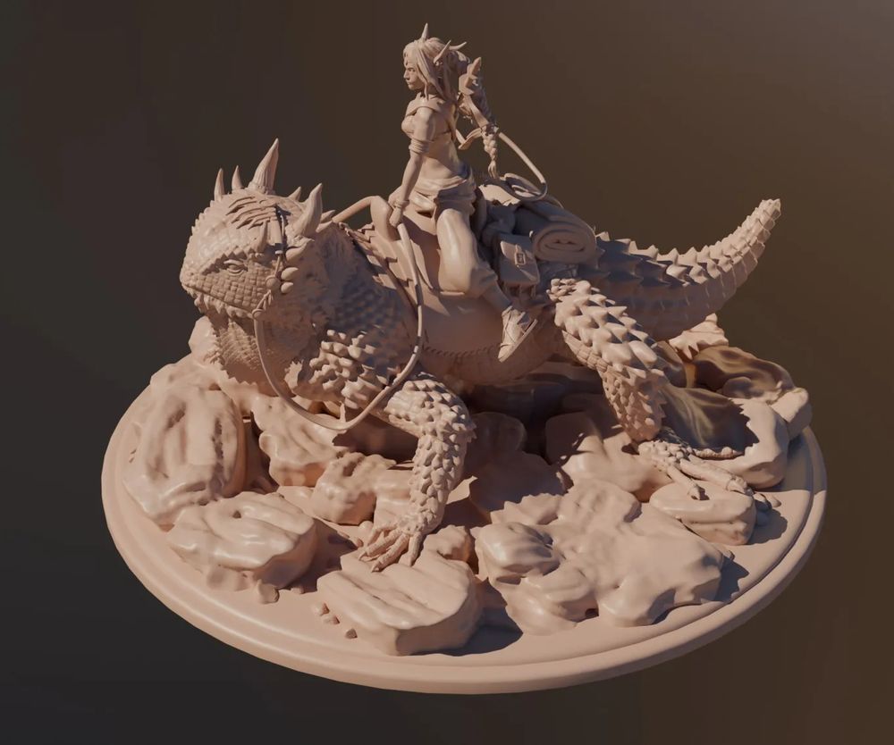 A 3d sculpture of Seelys riding a giant horned lizard