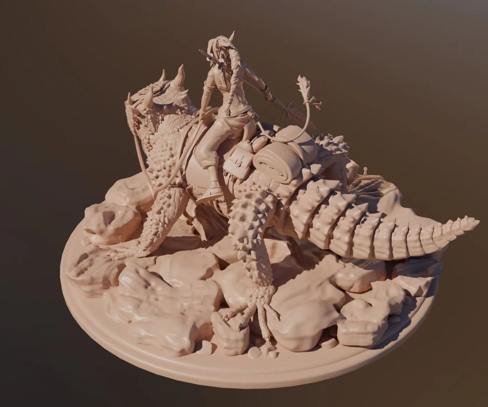 A 3d sculpture of Seelys riding a giant horned lizard