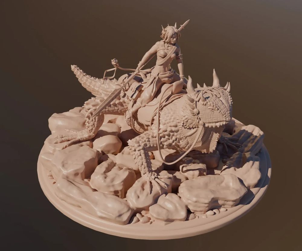 A 3d sculpture of Seelys riding a giant horned lizard