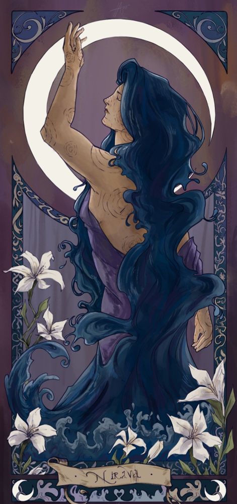 Girl called Nirava in the middle surrounded by multiple flower, water flowing from her hair and with the moon in the background, in a Mucha art style 