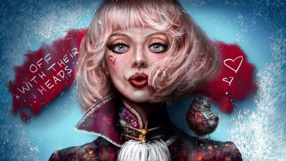“Hearts, Tarts & Roses”, one of digital artist FAYBEL’s first published works online in 2021 of a blonde-haired, period-fashioned, Queen-of-Hearts-inspired female with a heart face tattoo, blue and red eyes, dark kohl eye makeup, ruby red lipstick and a black and red birb on her shoulder, both before a frosted blue background with the graffitied words “off with their heads” written in white on a red smoke cloud.