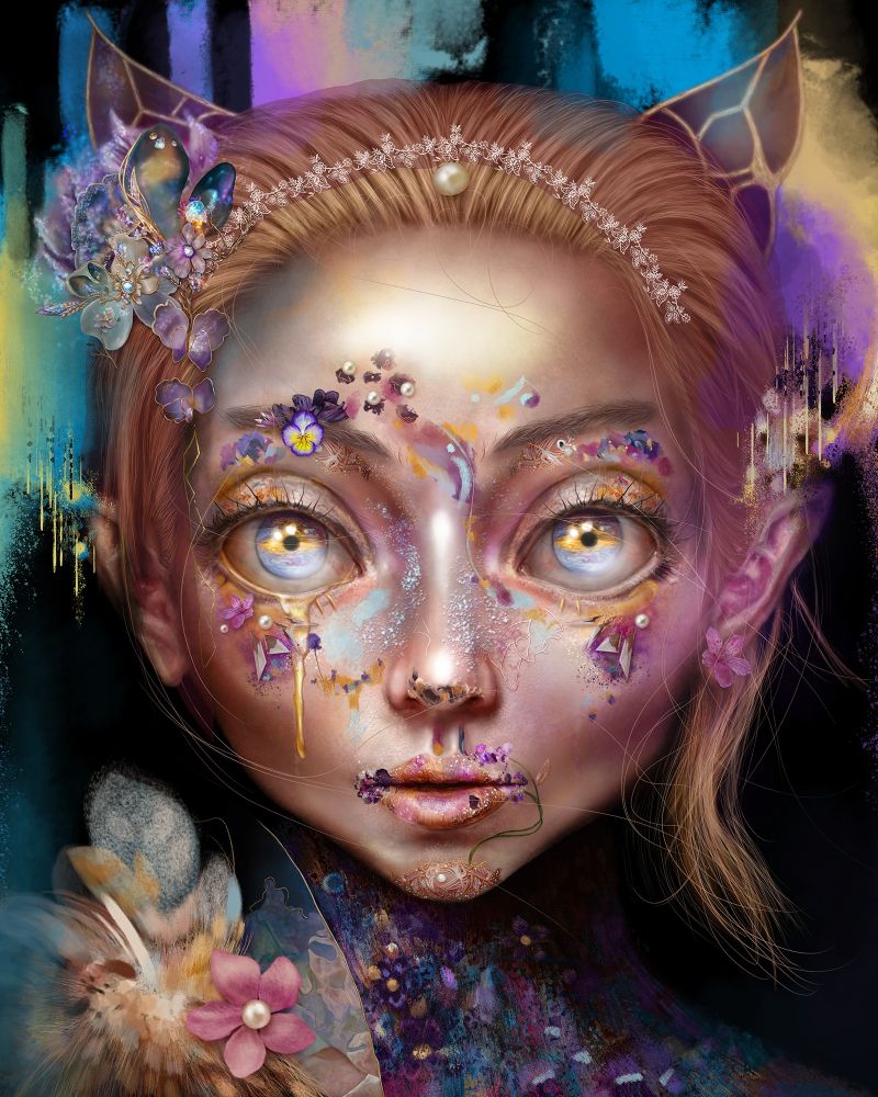 An elven, big-eyes, pop surreal android with abstract, colourful attire; golden hair; floral makeup; honey-like tears; glass cat-ears; and an elaborate hair clip from digital artist FAYBEL's sci-fi fantasy fairytale "The Tin Princess". Artwork title: "ENDOR 2.5".