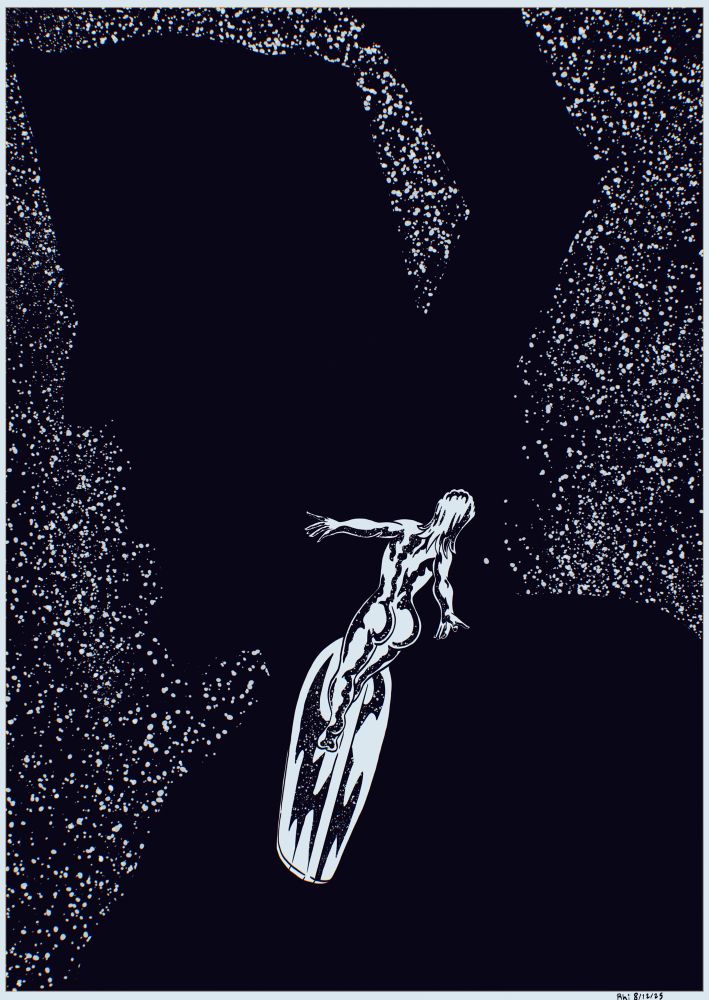 A black and white drawing of the Shalla Bal Silver Surfer in a starry sky blacked out by Galactus’ silhouette