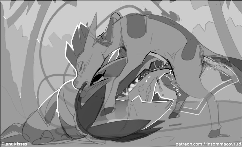#furryart #passiontailisle #nsfw a sanburro getting the plant-job from a pollicula, while also getting a fun textured vine up the backside, in the jungle, apparently.