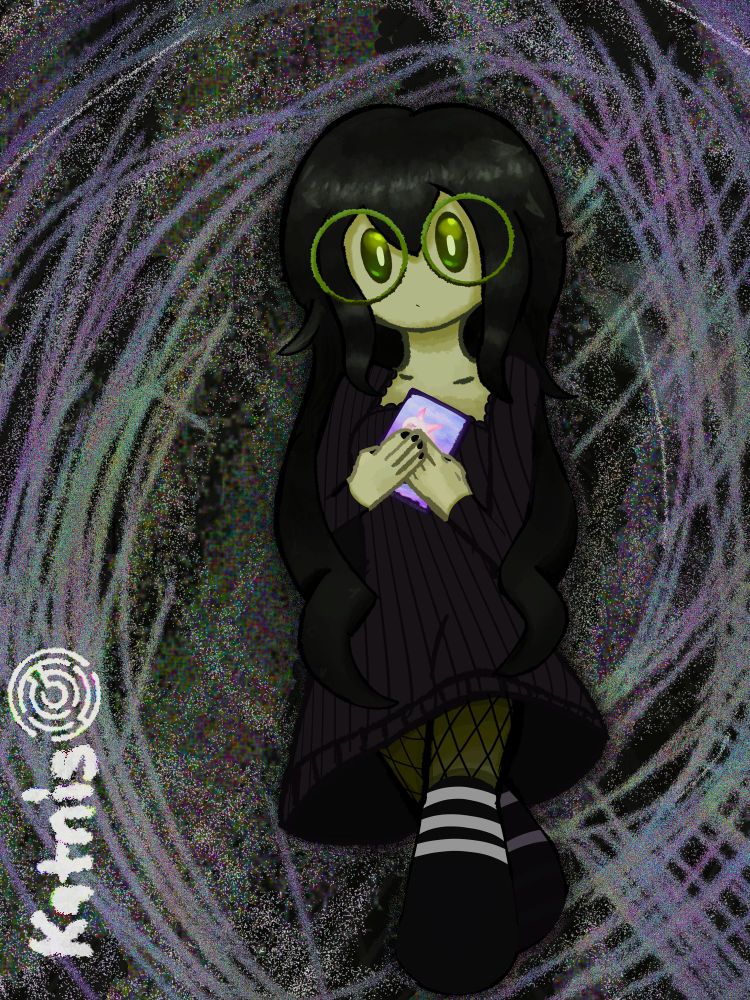 Katnis...? | Tall pale green woman with dark hair wearing dark clothes holding a book. On the left is the Labyrinth symbol with her name printed before it.