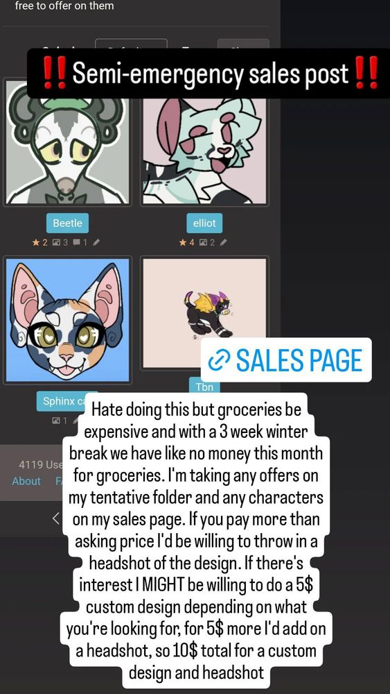A screenshot showing 4 characters for sale and a wall of text talking about my current commission status