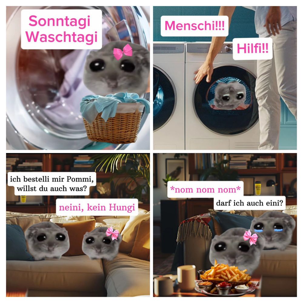 (1) Sad Hamsti mit Wäschekorb sagt "Sonntagi Waschtagi"
(2) Sad Hamsti in der Waschmaschine ruft um Hilfe: "Menschi!!! Hilfi!!!"
(3) Sad Hamsti mit Freund Hamsti zuhause. Freund Hamsti sagt: "ich bestelli mir Pommi, willst du auch was?" Sad Hamsti antwortet: "nein, kein Hungi".
(4) Sad Hamsti isst Freund Hamstis Pommes: *nom nom nom*. Freund Hamsti fragt: "darf ich auch eini?"