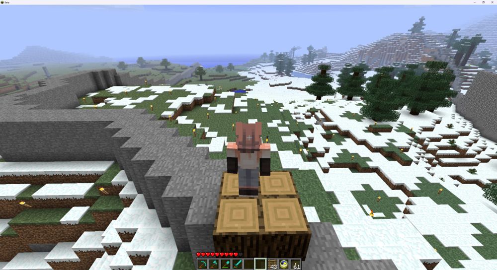 A player model overlooking a WIP wall in a snowy area