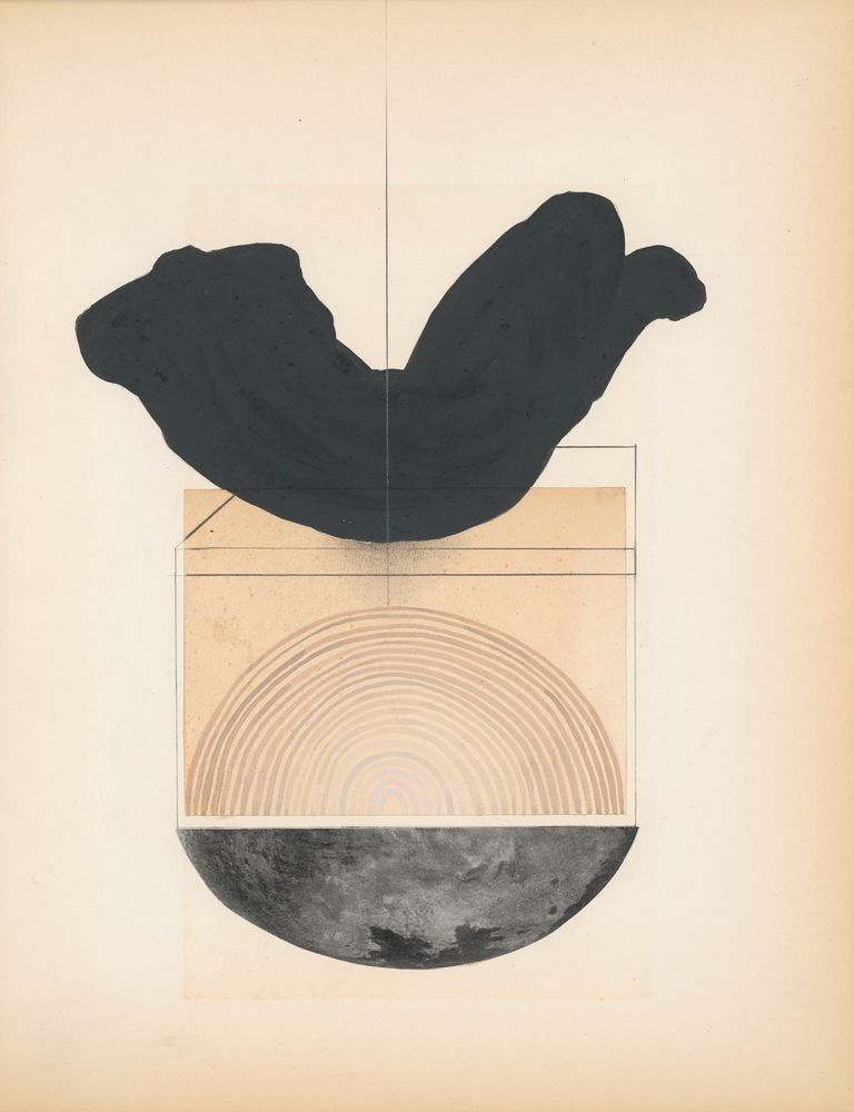 A painting of a large swoosh of ink with a line through the center, and thinner lines in the arched shape of a rainbow and a half circle with a flat top below.
