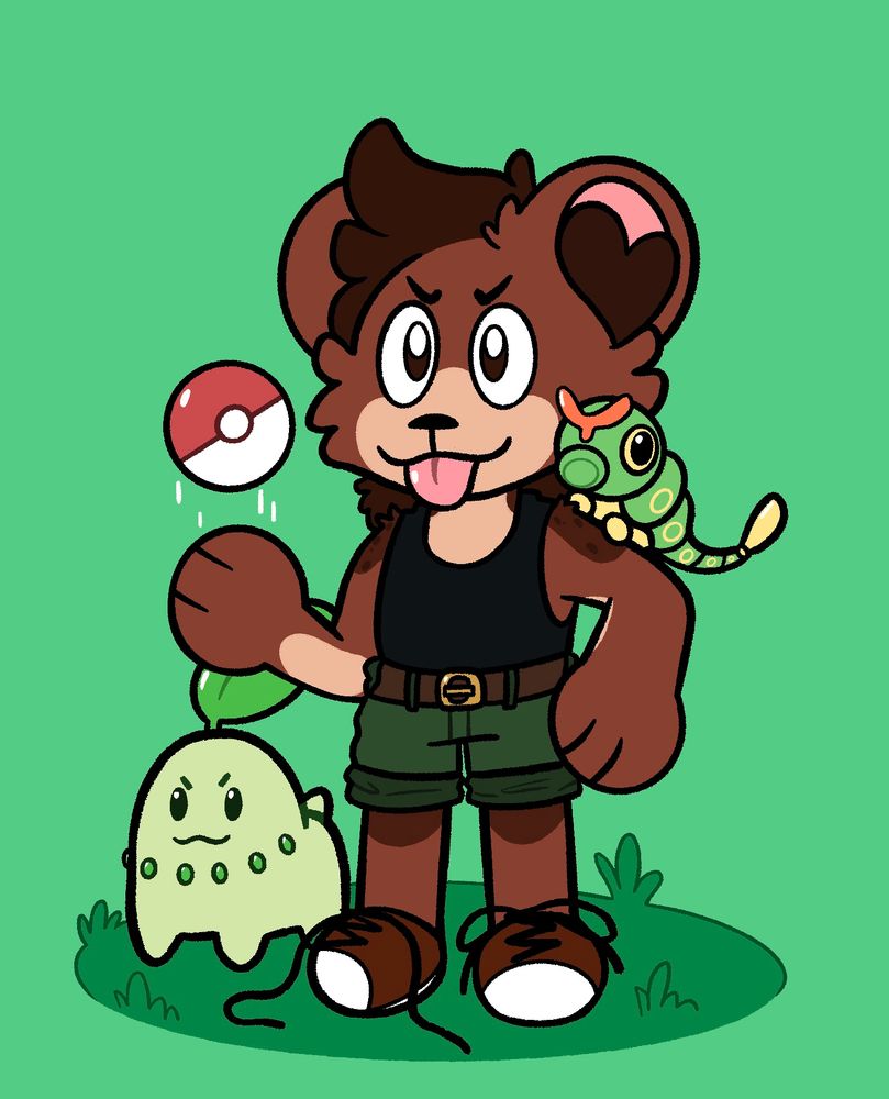 A bear furry throws a pokeball in the air with their tongue out in a cheeky expression. A caterpie sits on their shoulder while a chikorita stands by their side.