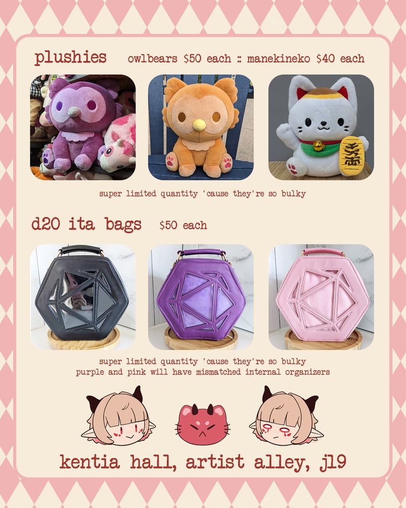 Sugar Cubed Studios Anime Expo Catalog - Owlbear Plushies, Manekineko Plushies and D20 Ita Bags
