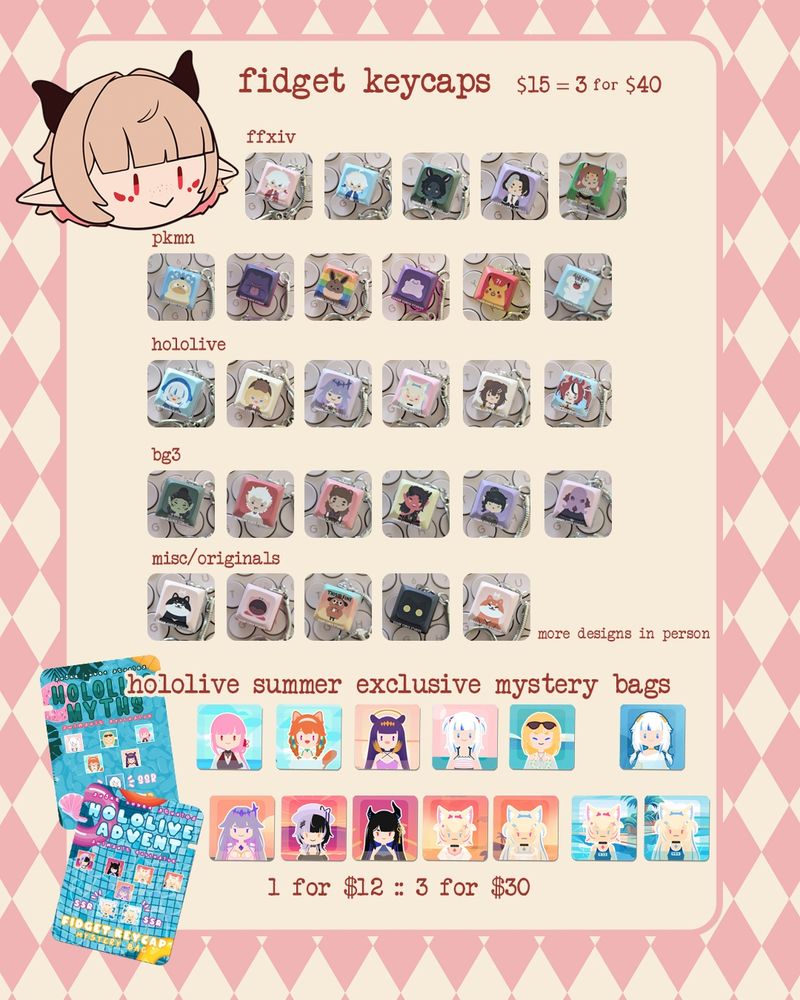 Sugar Cubed Studios Anime Expo Catalog - Keycaps, from FFXIV, Pokemon, Hololive, BG3, and Memes! Hololive Summer Exclusive Mystery Bag with SSR potential pulls.