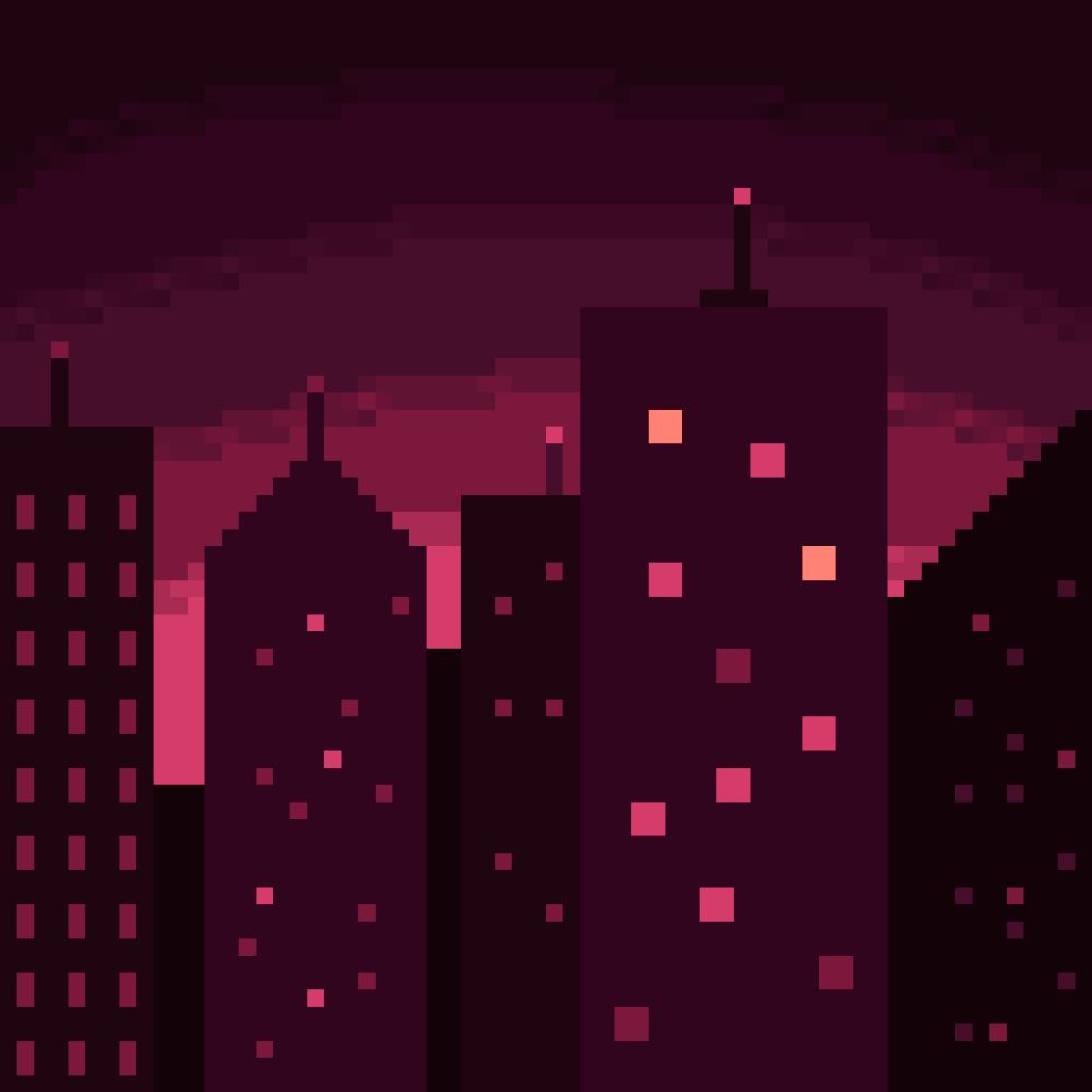 A pixel art cityscape in deep purples and pinks. Skyscrapers with scattered lit windows stand in front of a glowing horizon that fades upwards into darkness.