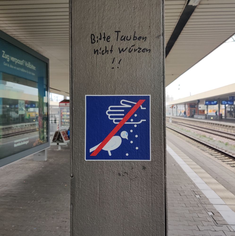 Mannheim Hbf ein Betonpfeiler am Bahngleis: blaues Schild mit Symbol einer Taube, darüber eine offene Hand, weiße Punkte zwischen Taube und Hand, das Ganze rot durchgestrichen.
Darüber mit Edding auf den Beton geschrieben: bitte Tauben nicht würzen!!