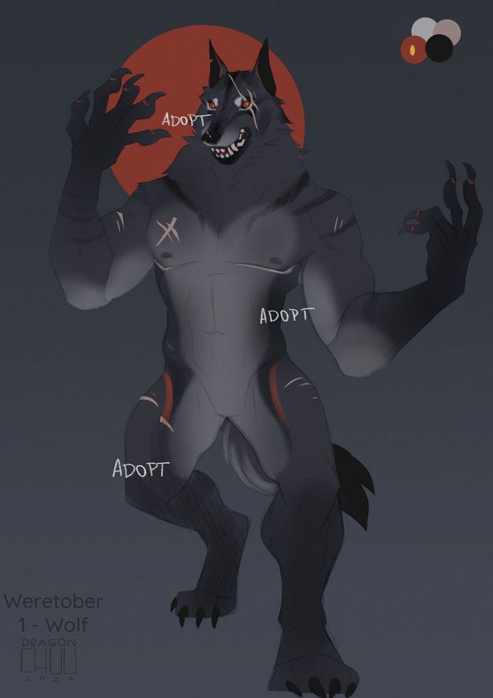 Werewolf creature with both hands raised, with dark grey, black, light grey  fur and some minimal red markings. Body filled with long scars. Blackground is simple and there's a red moon behind it's head. There's "adopt" written over it as a watermark.