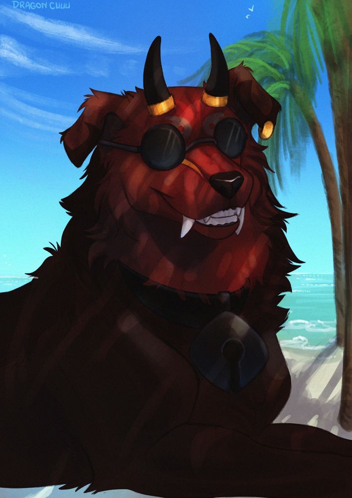 A red hellhound with a pair of horns on top of his head is smiling while chilling laying down on the beach. He's wearing round sunglasses and it's on a coconut tree shade like a boss.