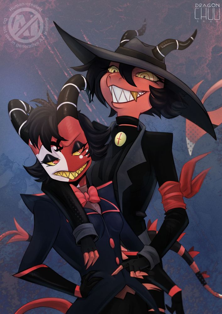 half body art of two imps based on the show Helluvaboss. They have red skin, the smaller one has horns bended backwards, black with white stripes, white face markings covering one eye, her eyes are yellow and red with black shadow makeup and yellow sharp teeth, like a shark. She's dressed in navy blue feminine suit with red lining, and black gloves. The latter one is hugging her teasingly, poking her stomach, she had white sharp teeth with a single golden fang, smaller ragon horns, also black and red, she's wearing a black vowboy outfit with a big cowboy hat and a red bandana on her left arm.