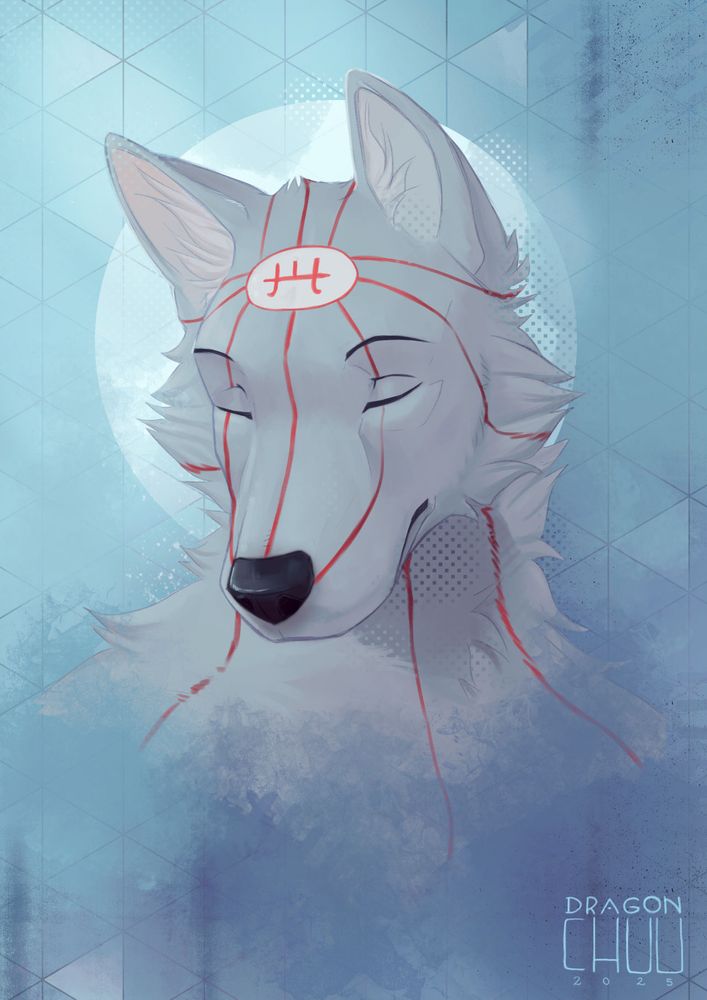 A anthro grey wolf with red lines across their head, had bowed down, background is blue and abstract, he has his eyes closed and a white moon behind his head.