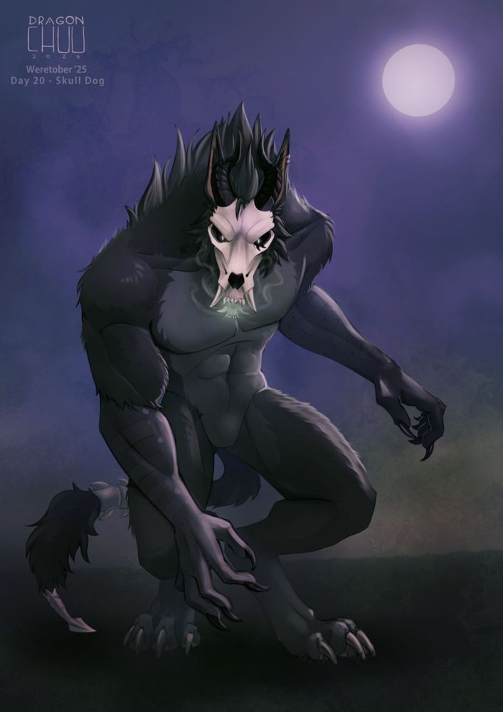 A menacing werewolf in dark grey's, whose head is a skull, with a pair of black horns. His eyes are just pinpricks of light. His tail have bones showing in the middle and at the tip, ending in an arrow head, like a demon tail.

He's standing in a full moon night sky, looking at you as if you were it's prey.