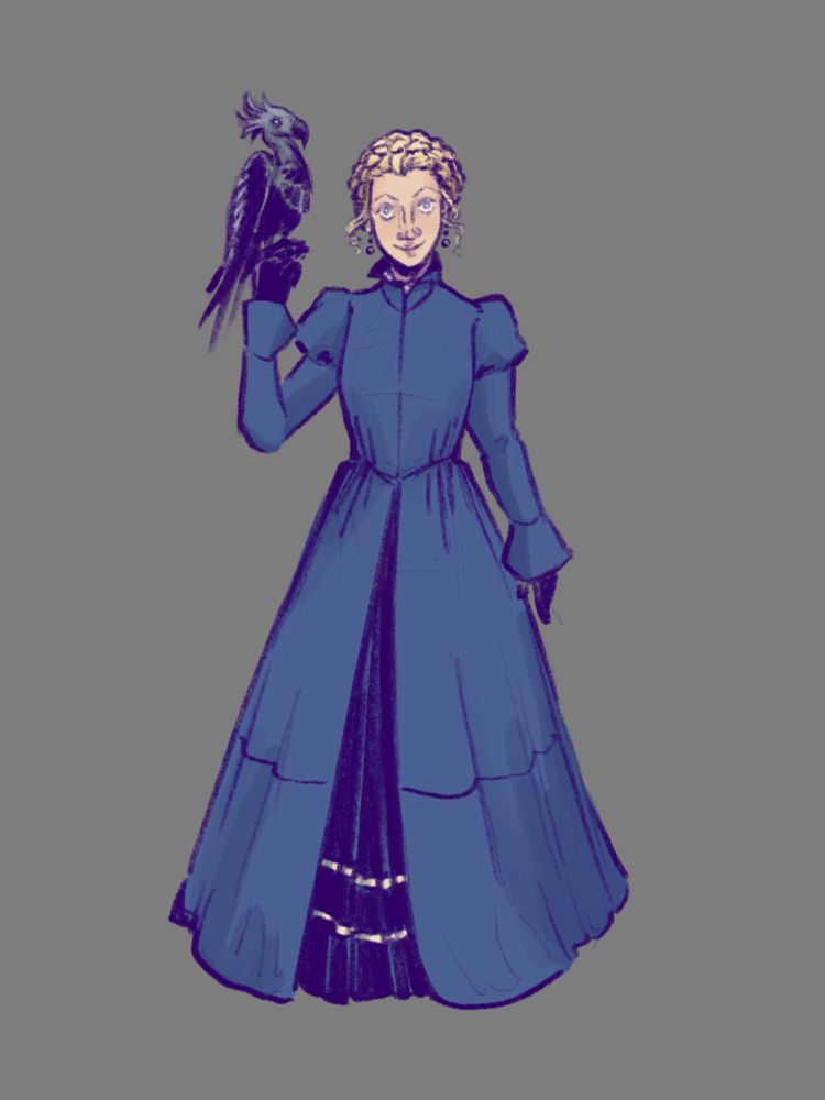 Vitaliya, a slight, pale young woman with icy blue eyes and blonde hair in a crown braid. She wears a blue, Victorian-inspired dress with a dark underskirt peeking out. She holds her pet bird aloft. (The bird is supposed to be a cockatoo-vulture hybrid à la Dishonored's weird animals)