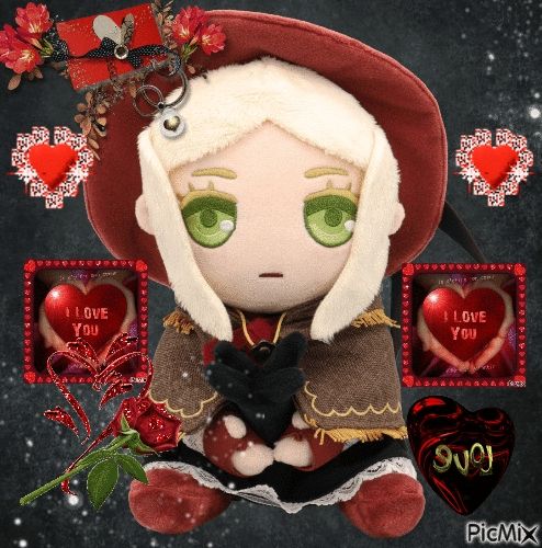 a PicMix image of the same Bloodborne plush with red roses, love hearts, and glitter framing the Plain Doll.
