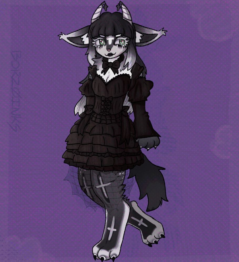 a fullbody drawing of a gothic furry character wearing an all-black frilly dress with a purple background.