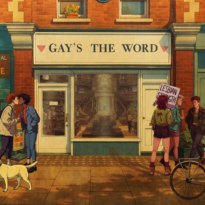 Image description: Illustration of people outside the bookstore "Gay's The Word," featuring individuals walking, conversing, reading, and a person biking. A dog and detailed architectural elements are also visible.
