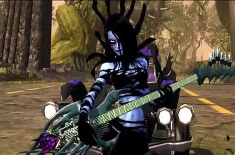Screenshot of ophelia of brutal legend after she drowned. Having a cool goth vibe with dark makeup, black hair, and ripped clothing.