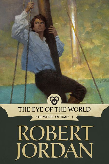 Book cover for The Eye of the World. 

Rand in a white shirt and brown pants as he holds on the ropes and the mast of Bayle Domon’s ship, looking out at the view that’s offscreen.