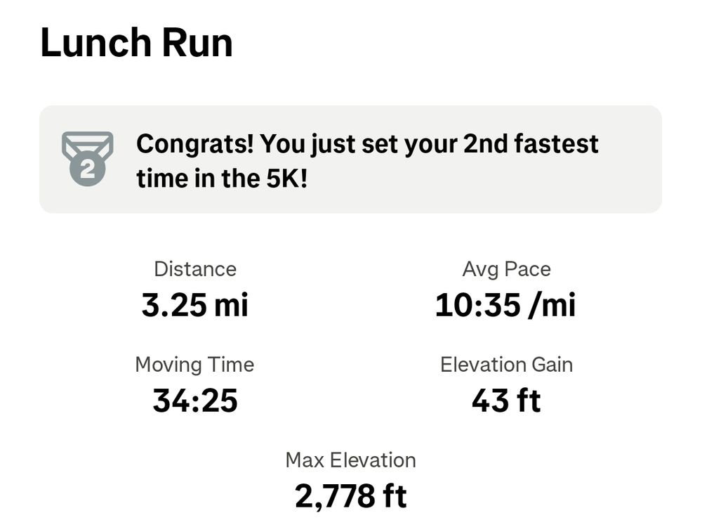 Stats for a 3.25 mile run at total time of 34 minutes 25 seconds.