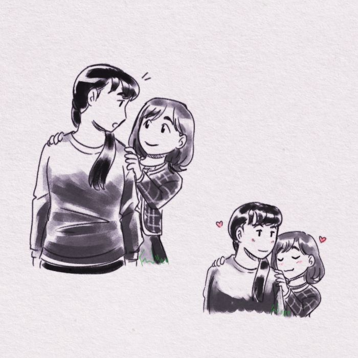 Two doodles of Kasuga and Nomoto ("She Loves to Cook, and She Loves to Eat"). In the bigger doodle, Nomoto has walked up behind Kasuga and gently placed her hands on either side of the woman's shoulders. Kasuga looks surprised. In the smaller doodle, Nomoto has nuzzled up to Kasuga's shoulder and Kasuga looks down, smiling. There's a heart beside each of their heads and they are blushing softly.
