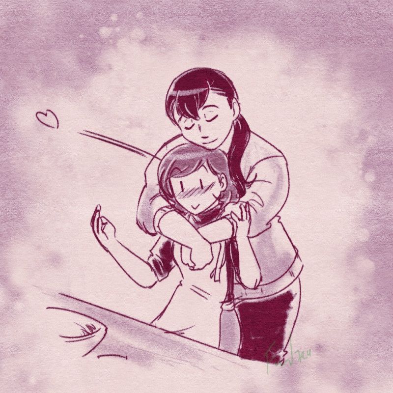 Fan art of Kasuga and Nomoto ("She Loves to Cook, and She Loves to Eat") where Kasuga has snuck in a surprise back hug while Nomoto prepares to make something, and Nomoto is surprised by it