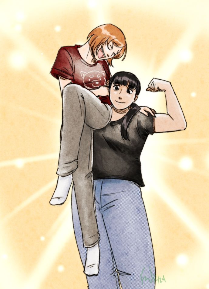 Illustration of Kasuga holding up Nomoto with one arm and flexing with her free arm. Nomoto is laughing excitedly from the whole thing.