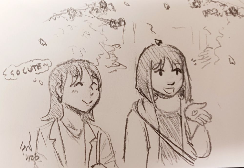 Emi catches a cherry blossom petal in her hand and is smiling about it. What she doesn't notice is another falling on her head. Manami noticed, though, and thinks it's adorable.