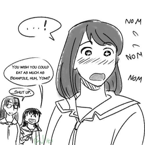 Yuki continues to watch Kasuga down the rest of that food so fast and so vigorously. She's beginning to blush! In the background, Tomo and Yomi - who followed her, I guess - are watching as well. Tomo says, "You wish you could eat as much as Beanpole, huh, Yomi?" and Yomi replies, "...Shut up."