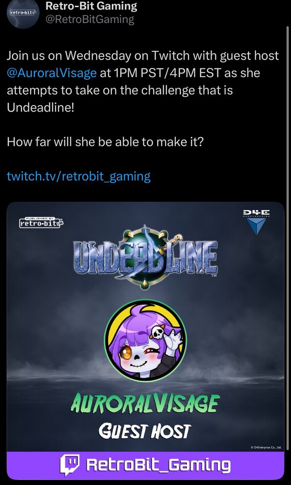 Twitter post stating that AuroralVisage will be a guest on the Retro-Bit channel. 