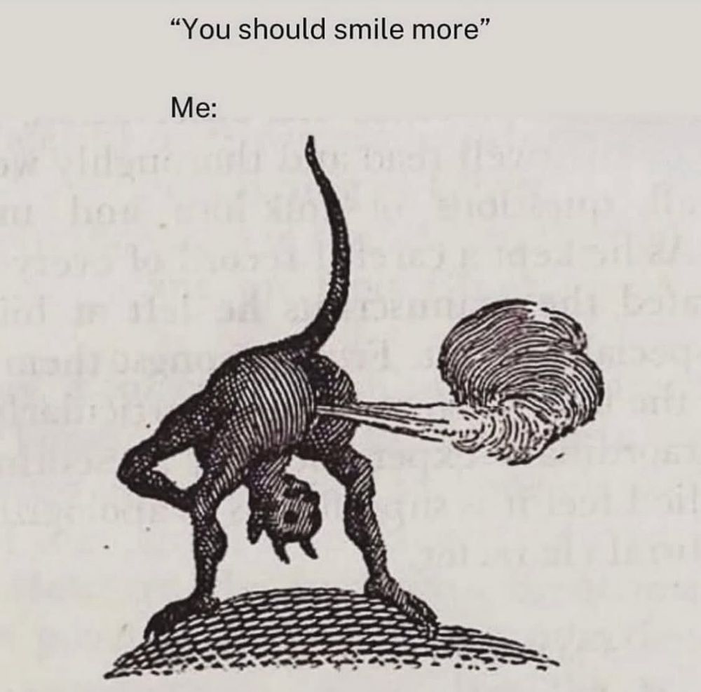 A photo with text at the top that reads “You should smile more.” Under that it reads “Me:” with a picture of a demon bending over and farting. 