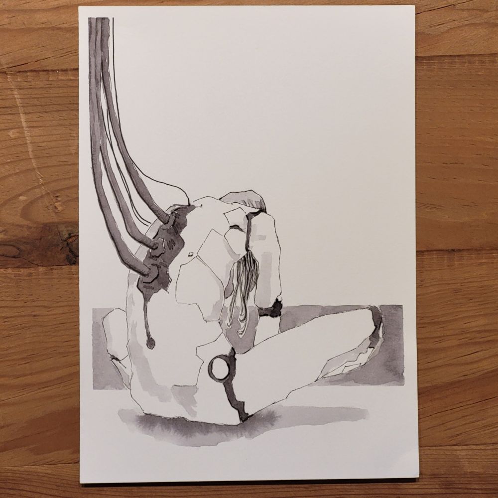 A black-and-white ink drawing portrays a woman’s head and upper body, seemingly fused with technology. Thick cables extend from the top of her skull, disappearing out of the frame. Her face appears cracked and fragmented, as if she were a delicate, damaged android. One arm, also seemingly mechanical, rests on the ground, partially broken. Ink washes create depth, emphasizing the stark contrast between organic and synthetic elements. The artwork conveys a sense of disconnection, as though she is both powered by and imprisoned by the cables tethering her.